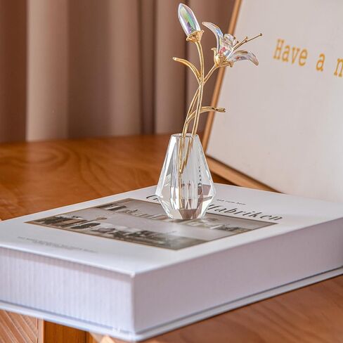 Crystal Lily Flower Decor Figurine with Vase，Handmade Sunshine catcher, home decor ornament，Suitable for bedroom and living room decoration（blue-with gift box） in Saudi Arabia