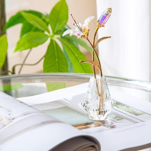 Crystal Lily Flower Decor Figurine with Vase，Handmade Sunshine catcher, home decor ornament，Suitable for bedroom and living room decoration（blue-with gift box） in Saudi Arabia