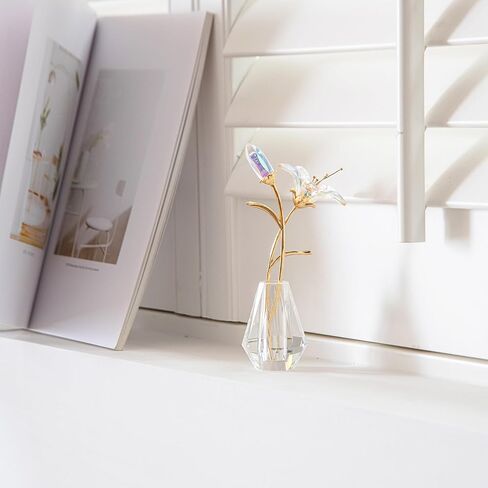 Crystal Lily Flower Decor Figurine with Vase，Handmade Sunshine catcher, home decor ornament，Suitable for bedroom and living room decoration（blue-with gift box） in Saudi Arabia