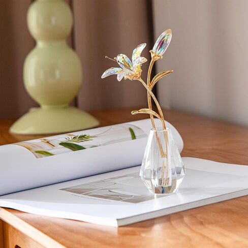 Crystal Lily Flower Decor Figurine with Vase，Handmade Sunshine catcher, home decor ornament，Suitable for bedroom and living room decoration（blue-with gift box） in Saudi Arabia