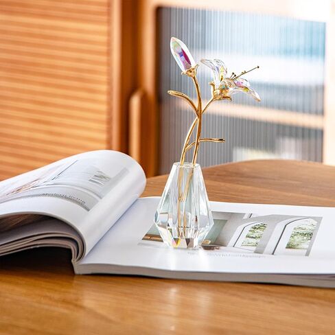 Crystal Lily Flower Decor Figurine with Vase，Handmade Sunshine catcher, home decor ornament，Suitable for bedroom and living room decoration（blue-with gift box） in Saudi Arabia