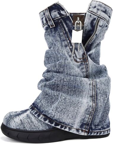Women's Boots thick Bottom Western Cowboy Round Toe Padlock Folding Boots for women Vintage Fashion Heightened Breathable Mid Calf Booties in Saudi Arabia