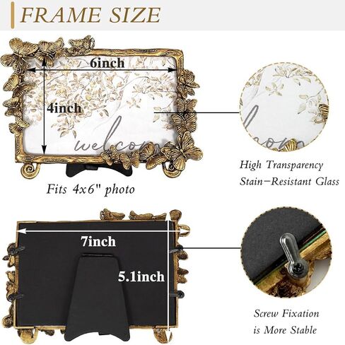 إطار صورة ذهبي عتيق، إطار صورة فراشة معدني مزخرف مقاس 6 × 4 مع واجهة زجاجية، عرض صورة عتيقة لتعليق جدار الطاولة، أفكار للهدايا in Kuwait