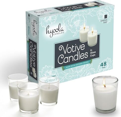 Hyoola White Votive Candles in Glass - Pack of 12 Votive Candle - 15 Hour Burn Time - Unscented Votive Candles - European Made Glass Votives in Saudi Arabia