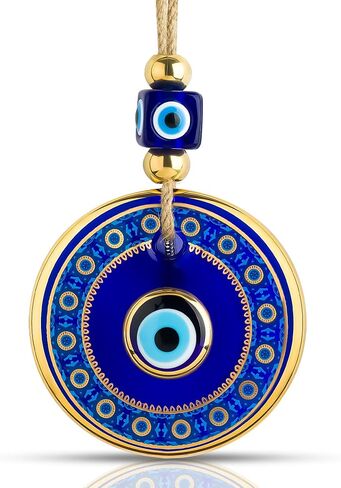 BCS Blue Evil Eye Wall Decor Gold Border Design 4.3" Glass Evil Eye Hanging Ornament for Home, Garden, Door, Office Turkish Greek Handmade Nazar Amulet Good Luck and Protection Charm - Ojo Turco in Kuwait