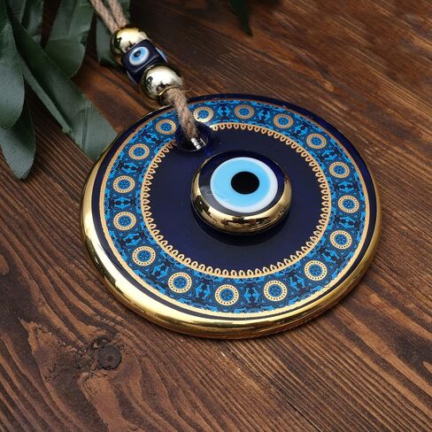 BCS Blue Evil Eye Wall Decor Gold Border Design 4.3" Glass Evil Eye Hanging Ornament for Home, Garden, Door, Office Turkish Greek Handmade Nazar Amulet Good Luck and Protection Charm - Ojo Turco in Kuwait