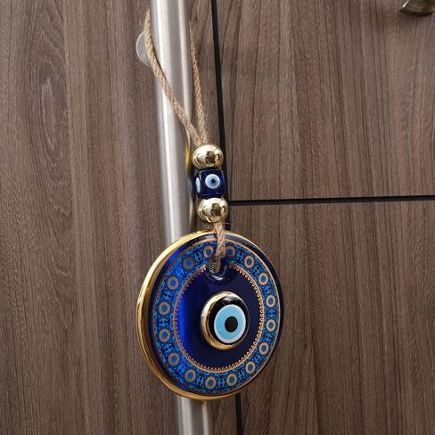 BCS Blue Evil Eye Wall Decor Gold Border Design 4.3" Glass Evil Eye Hanging Ornament for Home, Garden, Door, Office Turkish Greek Handmade Nazar Amulet Good Luck and Protection Charm - Ojo Turco in Kuwait