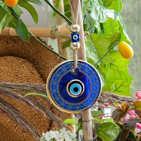 BCS Blue Evil Eye Wall Decor Gold Border Design 4.3" Glass Evil Eye Hanging Ornament for Home, Garden, Door, Office Turkish Greek Handmade Nazar Amulet Good Luck and Protection Charm - Ojo Turco in Kuwait