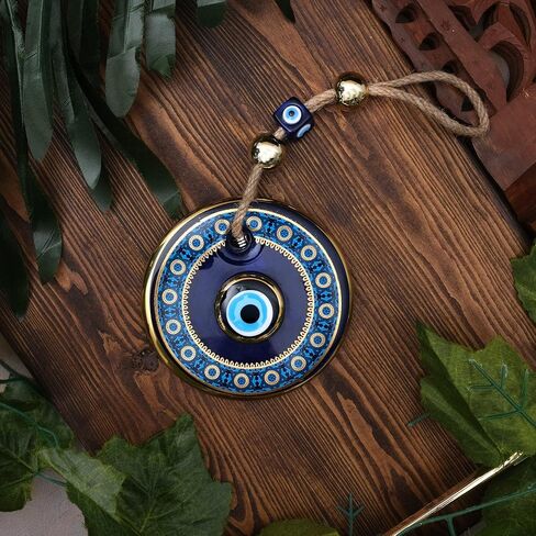 BCS Blue Evil Eye Wall Decor Gold Border Design 4.3" Glass Evil Eye Hanging Ornament for Home, Garden, Door, Office Turkish Greek Handmade Nazar Amulet Good Luck and Protection Charm - Ojo Turco in Kuwait