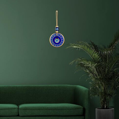 BCS Blue Evil Eye Wall Decor Gold Border Design 4.3" Glass Evil Eye Hanging Ornament for Home, Garden, Door, Office Turkish Greek Handmade Nazar Amulet Good Luck and Protection Charm - Ojo Turco in Kuwait