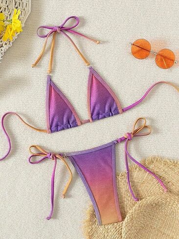 Verdusa Women's 2 Piece Glitter Swimsuit Ring Linked Halter String Bikini Set in Saudi Arabia
