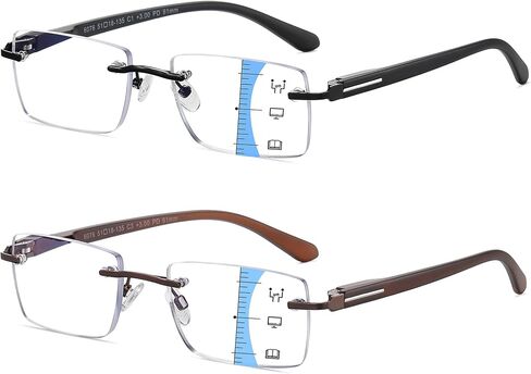 2 Pack Lightweight Multifocus Progressive Reading Glasses Men, Rimless Multifocal Transition Blue Light Readers, No Line Bifocal Glasses (Black & Brown, 1.5x) in Saudi Arabia