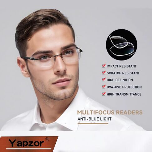 2 Pack Lightweight Multifocus Progressive Reading Glasses Men, Rimless Multifocal Transition Blue Light Readers, No Line Bifocal Glasses (Black & Brown, 1.5x) in Saudi Arabia