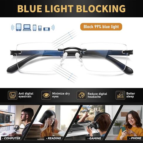 2 Pack Lightweight Multifocus Progressive Reading Glasses Men, Rimless Multifocal Transition Blue Light Readers, No Line Bifocal Glasses (Black & Brown, 1.5x) in Saudi Arabia