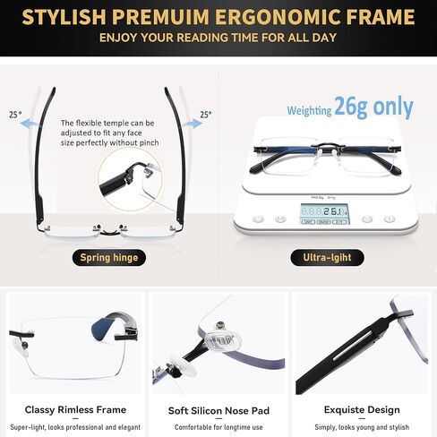 2 Pack Lightweight Multifocus Progressive Reading Glasses Men, Rimless Multifocal Transition Blue Light Readers, No Line Bifocal Glasses (Black & Brown, 1.5x) in Saudi Arabia