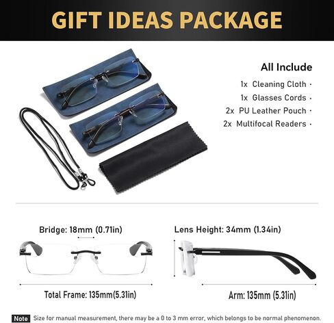 2 Pack Lightweight Multifocus Progressive Reading Glasses Men, Rimless Multifocal Transition Blue Light Readers, No Line Bifocal Glasses (Black & Brown, 1.5x) in Saudi Arabia