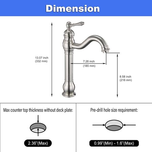 Bathroom Faucet Brushed Nickel Vessel Sink Faucet 360° Swivel Long Spout Gooseneck Single Handle 1 Hole Vessel Faucets with Pop Up Drain Stopper none Overflow Supply Lines Lead-Free in Saudi Arabia