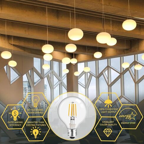 مصابيح إضاءة G25 Globe من MASTERY MART قابلة للتعتيم، قاعدة E26 [ما يعادل 60 وات]، 2700 كلفن أبيض ناعم، لمبة خيوط زخرفية على الطراز العتيق لمرآة الحمام، 5.5 وات LED، UL، نجمة الطاقة، 6 عبوات in Saudi Arabia