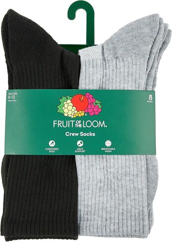 Fruit of the Loom Athletic Crew Socks for Men, 8 Pair Multi Pack - Cushioned, Breathable, Arch Support, White in Saudi Arabia
