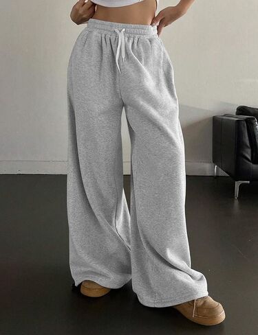 HeSaYep Fleece Lined Sweatpants for Women Winter Warm Wide Leg Drawstring Cuffs Baggy Sweat Pants with Pockets in Saudi Arabia