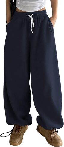 HeSaYep Fleece Lined Sweatpants for Women Winter Warm Wide Leg Drawstring Cuffs Baggy Sweat Pants with Pockets in Saudi Arabia