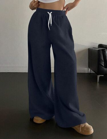 HeSaYep Fleece Lined Sweatpants for Women Winter Warm Wide Leg Drawstring Cuffs Baggy Sweat Pants with Pockets in Saudi Arabia