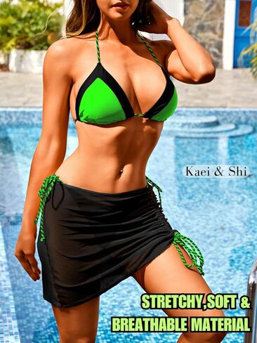 Kaei&Shi 3 Piece Swimsuits for Women,Triangle String Bikini Sets,Matching Bathing Suits with Cover Up Skirt in Kuwait
