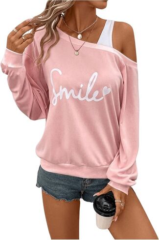 GORGLITTER Women's Letter Graphic Off The Shoulder Sweatshirt Long Sleeve Pullover Tops in Saudi Arabia