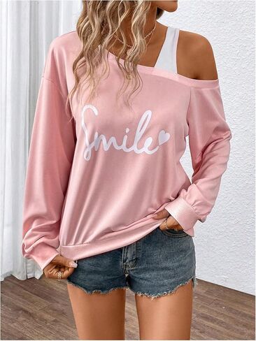 GORGLITTER Women's Letter Graphic Off The Shoulder Sweatshirt Long Sleeve Pullover Tops in Saudi Arabia