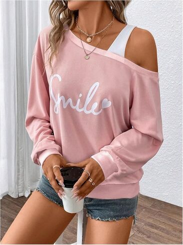 GORGLITTER Women's Letter Graphic Off The Shoulder Sweatshirt Long Sleeve Pullover Tops in Saudi Arabia