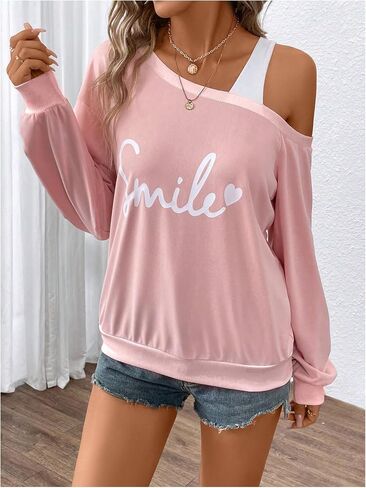 GORGLITTER Women's Letter Graphic Off The Shoulder Sweatshirt Long Sleeve Pullover Tops in Saudi Arabia