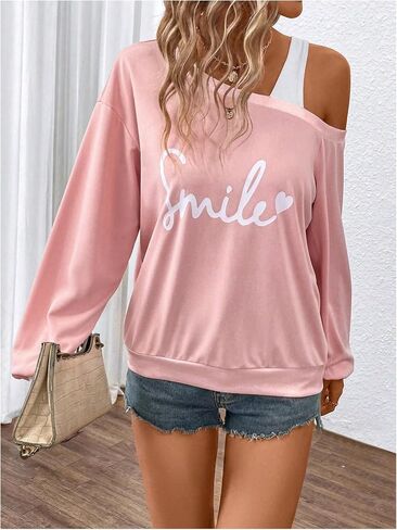 GORGLITTER Women's Letter Graphic Off The Shoulder Sweatshirt Long Sleeve Pullover Tops in Saudi Arabia