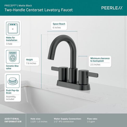 صنبور حمام من Peerless Precept Centerset، صنبور حمام أسود غير لامع بثلاث فتحات، صنبور حوض الحمام، مجموعة تصريف بالضغط، أسود غير لامع P2530LF-BL in Kuwait