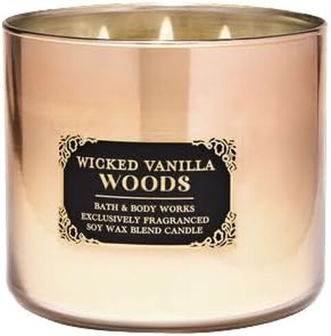 Bath + Body Works Wicked Vanilla Woods Halloween Candle w/Creepy Snake Lid - Amberwood + Vanilla + Pink Pepper - 3 Wick Scented Candle - Decorative Black Gold Ombre Jar, Slithering Snake Decor Lid in Saudi Arabia
