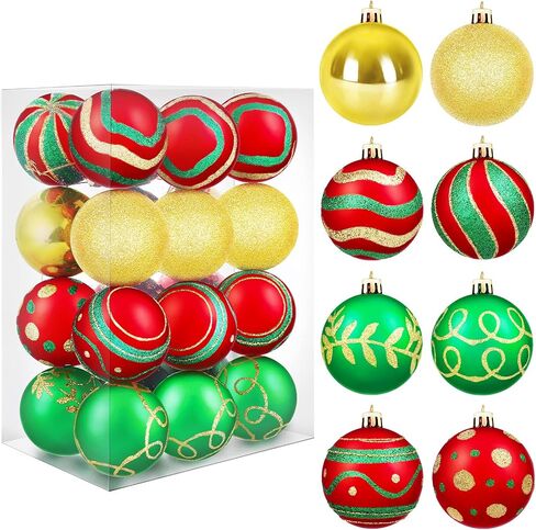MCEAST 24 Pieces Christmas Ball Ornaments Painting & Glittering Christmas Tree Pendants Shatterproof Decorative Baubles in 8 Patterns for Christmas Tree Decorations, Red, Green, Gold in Saudi Arabia