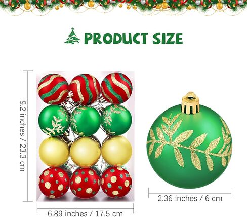 MCEAST 24 Pieces Christmas Ball Ornaments Painting & Glittering Christmas Tree Pendants Shatterproof Decorative Baubles in 8 Patterns for Christmas Tree Decorations, Red, Green, Gold in Saudi Arabia
