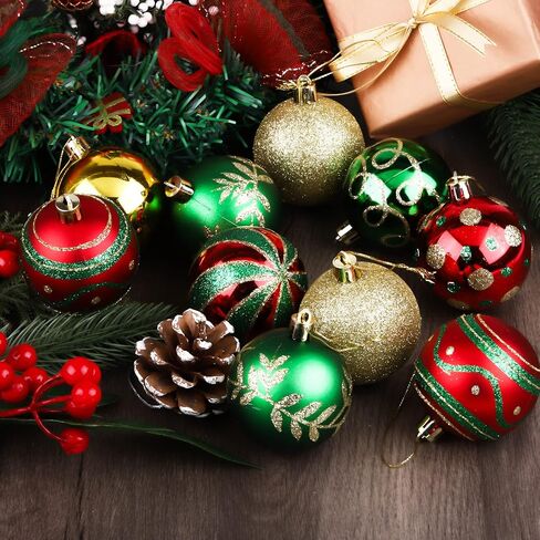 MCEAST 24 Pieces Christmas Ball Ornaments Painting & Glittering Christmas Tree Pendants Shatterproof Decorative Baubles in 8 Patterns for Christmas Tree Decorations, Red, Green, Gold in Saudi Arabia