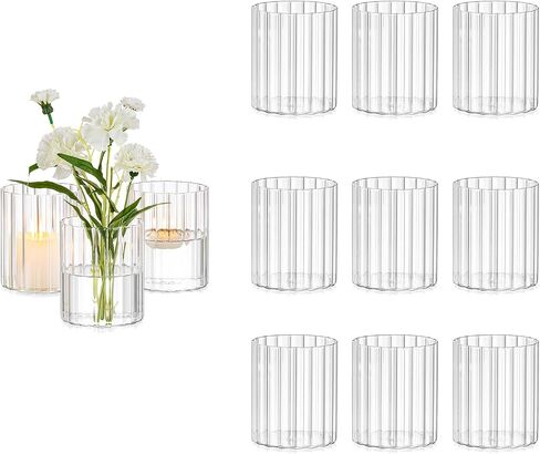 Glasseam Glass Cylinder Vases for Centerpieces: Clear Ribbed Hurricane Vase Set of 6 Modern Floating Candle Vases for Flowers Centerpiece Vases for Table Wedding Vases for Living Room Decorations in Kuwait