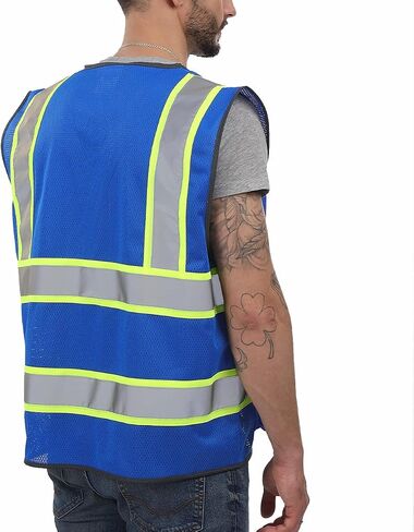 Dib Safety Reflective Mesh Vest High Visibility Two Tone with Pockets and Zipper, Blue Mesh with Yellow Trim XL in Saudi Arabia