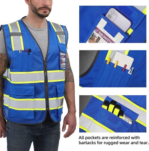 Dib Safety Reflective Mesh Vest High Visibility Two Tone with Pockets and Zipper, Blue Mesh with Yellow Trim XL in Saudi Arabia