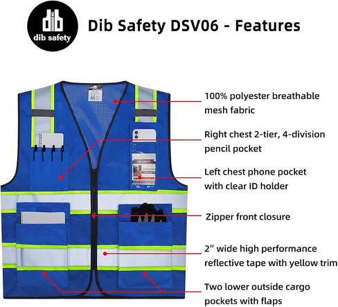 Dib Safety Reflective Mesh Vest High Visibility Two Tone with Pockets and Zipper, Blue Mesh with Yellow Trim XL in Saudi Arabia