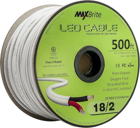 كابل LED منخفض الجهد 18AWG بطول 50 قدمًا، 2 موصل، غلاف أبيض، سلك مكبر صوت داخل الحائط، فئة UL 2 in Saudi Arabia