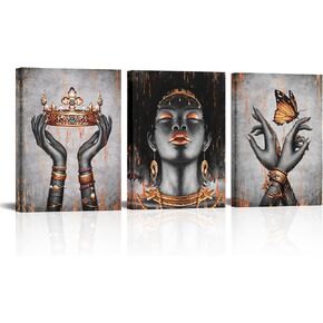Visual Art Decor African American Canvas Wall Art Orange and Black Woman Portrait Fashion Black Girl Burnt Orange Bedroom Decor Framed Artwork for Home Living Room Decor (12inx16inx3Pieces)