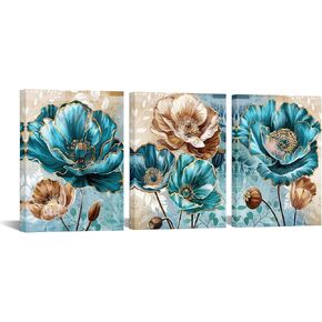sechars Teal and Brown Wall Decor Turquoise Flower Canvas Art Painting Modern Abstract Floral Picture Artwork Bathroom Decor Framed (Small)