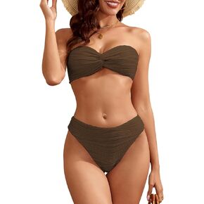 ZAFUL Women's Strapless Twist Bandeau Bikini 2 Piece Swimwear Cheeky Solid Lace up Bathing Suits(2-Brown O,L)