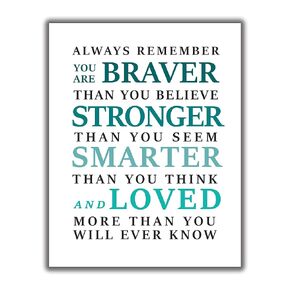 You Are Braver Wall Art Print - 11x14 UNFRAMED Winnie the Pooh Quotes Decor. A Great Inspirational Sayings Print - Shades of Grey, Teal Blue on White.