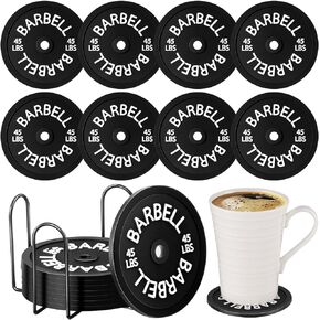 8 Pcs Barbell Bumper Plate Cool Coasters Black Round Silicone Coasters Weight Plate Coaster with Rack Holder for Gym Decoration Gifts for Gym Lovers Gym Accessories Gifts