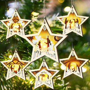 6 Pcs LED Nativity Scene Wooden Ornament 3D Christmas Religious Ornaments Rustic Light up Nativity Hanging Ornaments for Birth of Jesus Xmas Tree Christian Gift Holiday Party Decor(House)