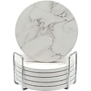 COTIDIANO Round Absorbent Coasters for Drinks - 6pcs Ceramic Coaster Set with Holder - White Marble Coaster Design with Non Slip Cork Base