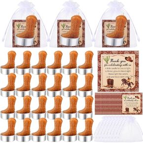 Landhoow 24 Sets Mini Cowgirl Cowboy Boot Tealight Candles Cowboy Boot Party Favors for Guests Include Cowboy Boot Tealight Candles Tags Bags for Western Bachelorette Party Supplies(Brown)